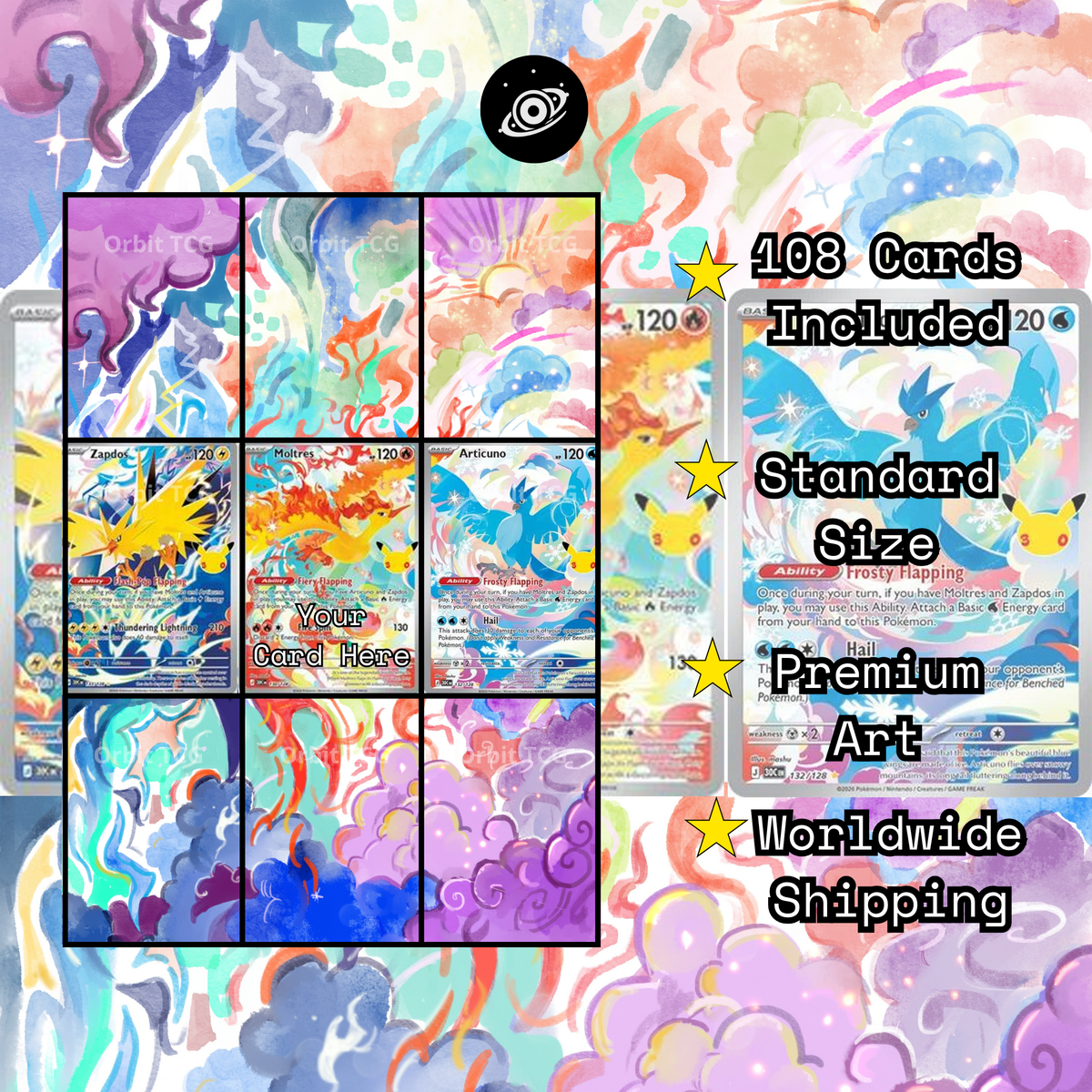 Zapdos, Moltres & Articuno Extended Art Background | Pokémon 30th Celebration | 30C 130 + 132 + 133